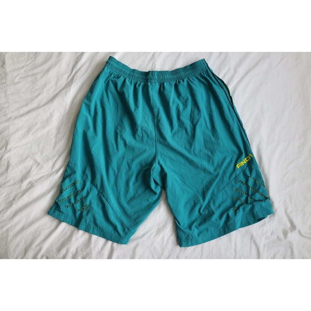 AND1 Basketball Shorts Mens Large Teal Yellow Black Vintage Style Baggy Athletic